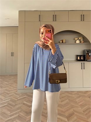 İnce Çizgili Basıc Sweat Mavi (4602)