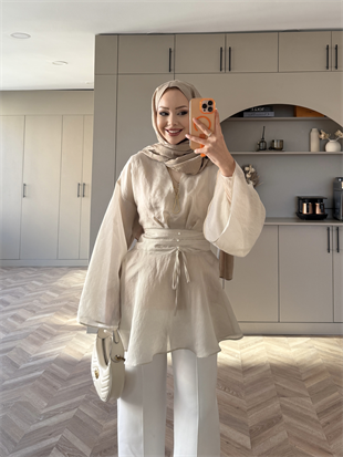 İnci Beli Büzgülü Gömlek Mavi (26014)