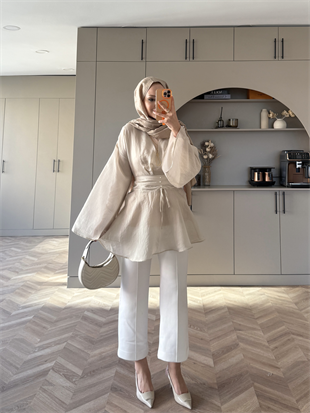 İnci Beli Büzgülü Gömlek Mavi (26014)