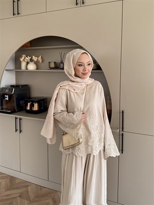 Irmak Çiçek Baskılı Pantolonlu Takım Bej (5805)