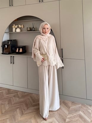 Irmak Çiçek Baskılı Pantolonlu Takım Bej (5805)