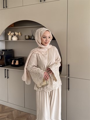 Irmak Çiçek Baskılı Pantolonlu Takım Bej (5805)