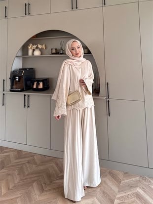 Irmak Çiçek Baskılı Pantolonlu Takım Bej (5805)