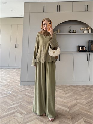 Irmak Çiçek Baskılı Pantolonlu Takım Haki (5805)