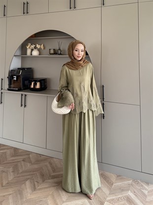Irmak Çiçek Baskılı Pantolonlu Takım Haki (5805)
