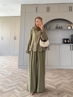 Irmak Çiçek Baskılı Pantolonlu Takım Haki (5805)