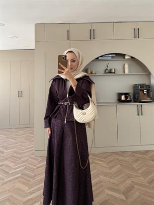 Işıltılı Kot Etekli Takım Mürdüm