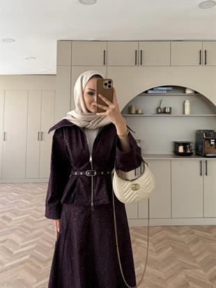Işıltılı Kot Etekli Takım Mürdüm