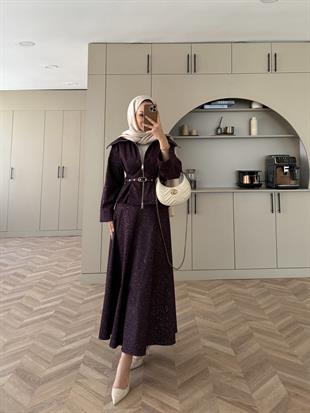 Işıltılı Kot Etekli Takım Mürdüm