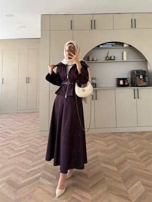 Işıltılı Kot Etekli Takım Mürdüm