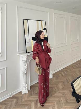 İşlemeli Kimono Takım Bordo 