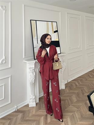 İşlemeli Kimono Takım Bordo 