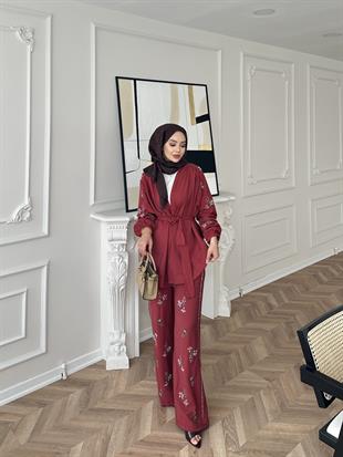 İşlemeli Kimono Takım Bordo 