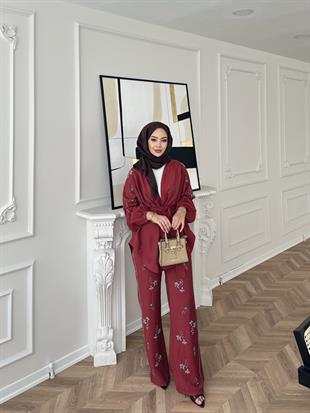İşlemeli Kimono Takım Bordo 