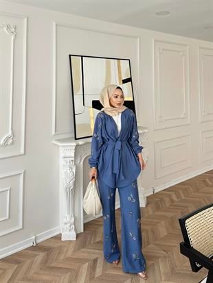 İşlemeli Kimono Takım Mavi