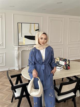 İşlemeli Kimono Takım Mavi