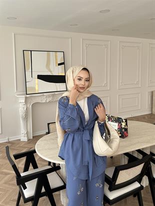 İşlemeli Kimono Takım Mavi