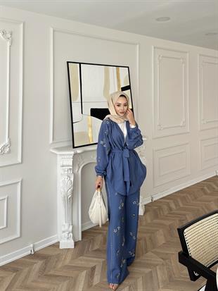İşlemeli Kimono Takım Mavi