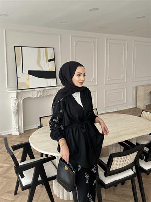 İşlemeli Kimono Takım Siyah