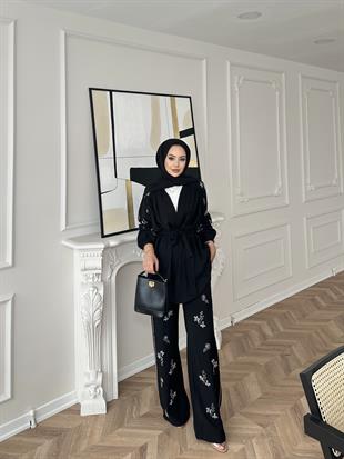 İşlemeli Kimono Takım Siyah