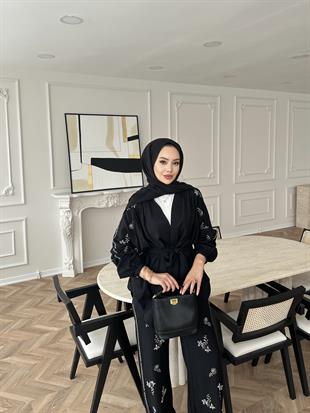 İşlemeli Kimono Takım Siyah
