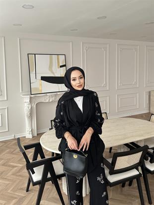 İşlemeli Kimono Takım Siyah