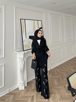 İşlemeli Kimono Takım Siyah