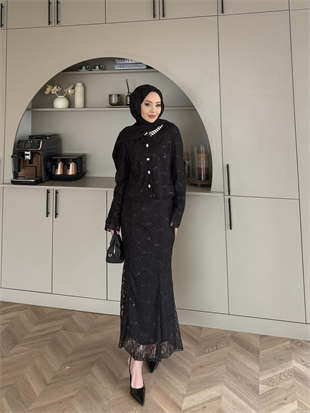 İthal Dantelli Etekli Takım Siyah (5744)