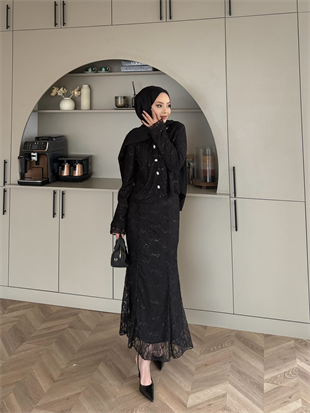 İthal Dantelli Etekli Takım Siyah (5744)