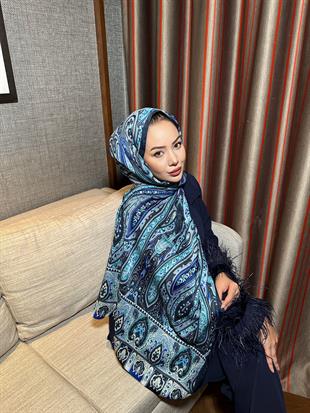 Otantik Desen İthal İpek Vual Şal Lacivert