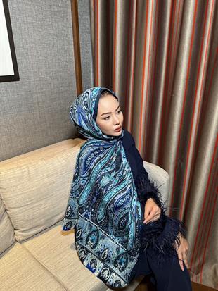 Otantik Desen İthal İpek Vual Şal Lacivert