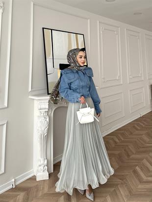 İthal Şifon Piliseli Etek Çağla