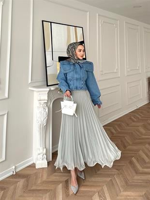 İthal Şifon Piliseli Etek Çağla