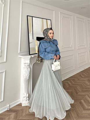 İthal Şifon Piliseli Etek Çağla