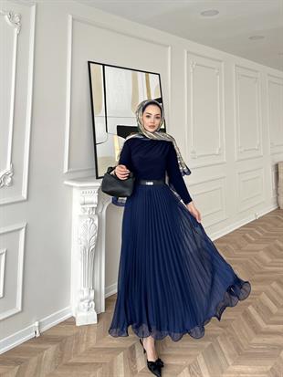 İthal Şifon Piliseli Etek Lacivert