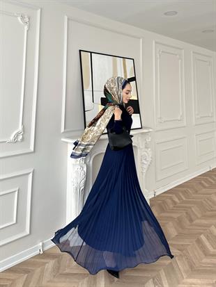 İthal Şifon Piliseli Etek Lacivert