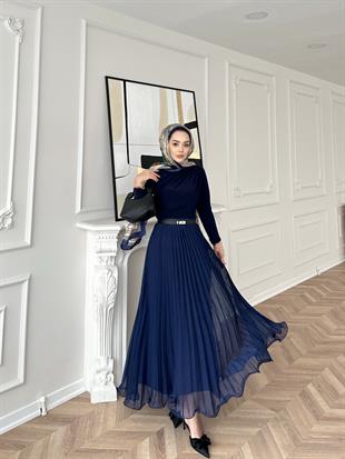 İthal Şifon Piliseli Etek Lacivert