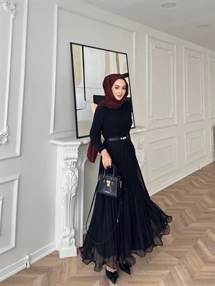 İthal Şifon Piliseli Etek Siyah 