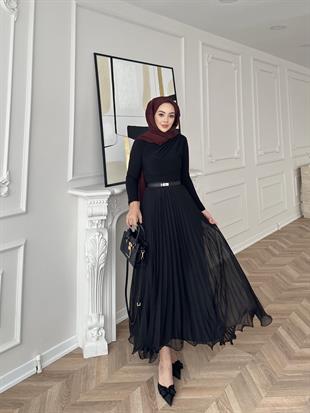 İthal Şifon Piliseli Etek Siyah 