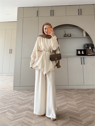 Jovena Pelerinli Pantolon Takım Ekru (210)