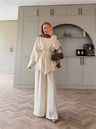 Jovena Pelerinli Pantolon Takım Ekru (210)