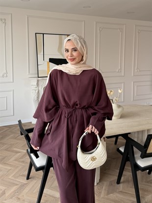 Jovena Pelerinli Pantolon Takım Mürdüm (210)