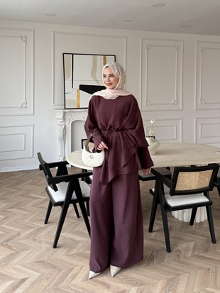 Jovena Pelerinli Pantolon Takım Mürdüm (210)