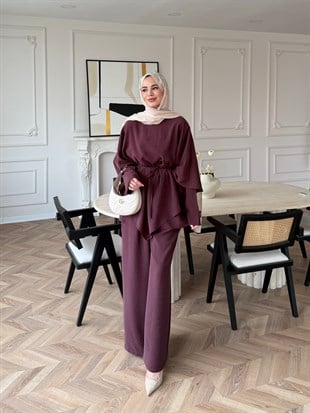 Jovena Pelerinli Pantolon Takım Mürdüm (210)