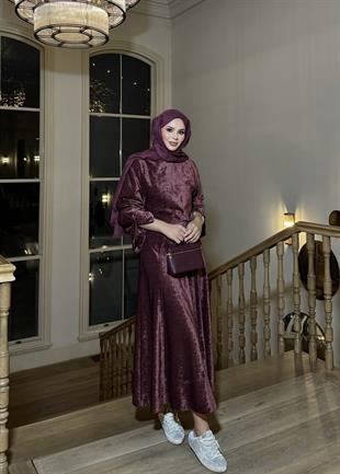 Kadife Etekli Takım Bordo