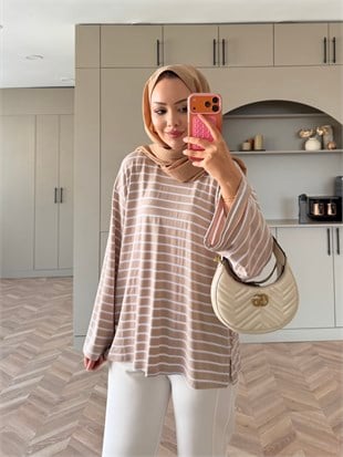 Kalın Çizgili Basıc Sweat Bej (4602)