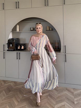 Kalinka Yandan Bağlamalı Şifon Elbise Pembe (26069)