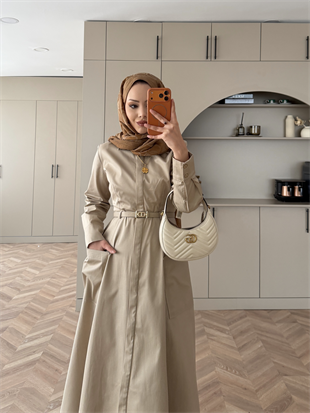 Kamran Kemerli Gömlek Elbise Bej (653)
