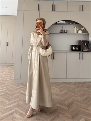 Kamran Kemerli Gömlek Elbise Bej (653)