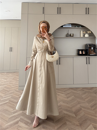 Kamran Kemerli Gömlek Elbise Bej (653)